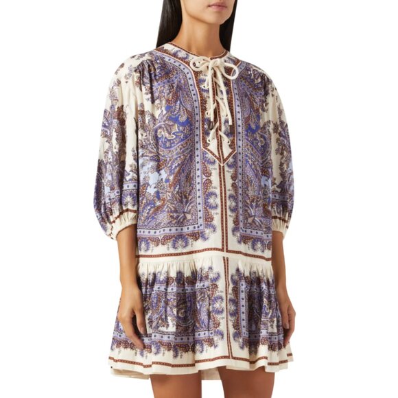 Zimmermann Ottie Lace Up Mini Dress Womens 4 Large Blue Purple Linen 3/4 Sleeve